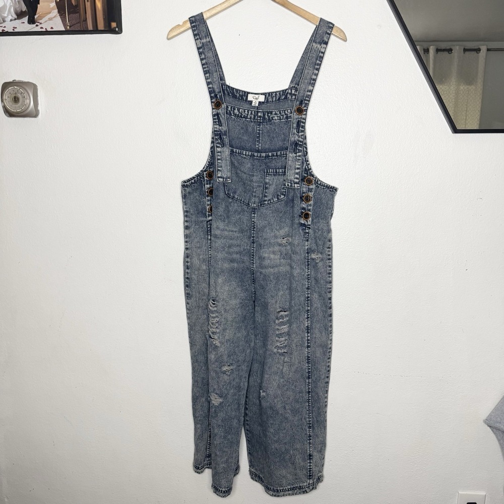 Easel Wide Leg Slouchy Denim Cropped Overalls Jumpsuit Boho Women's Small